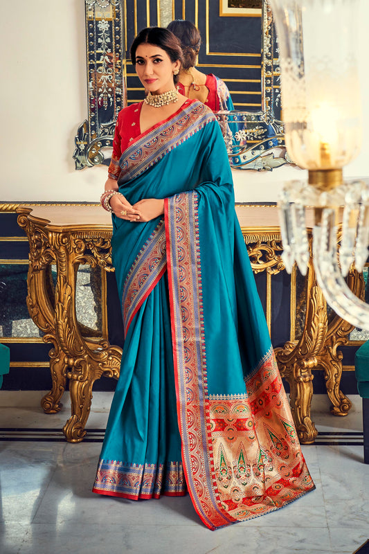 Cobalt Blue Paithani Woven Pallu and Border Saree with Contrast Blouse