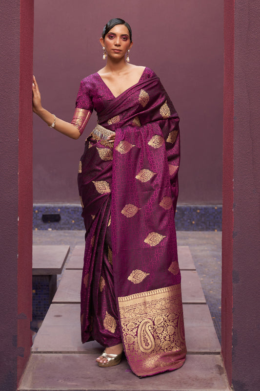 Wine Purple Kanjivaram Style Woven Silk Saree