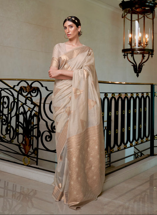 Nude Skin Woven Banarasi Organza Saree with Zari Pallu