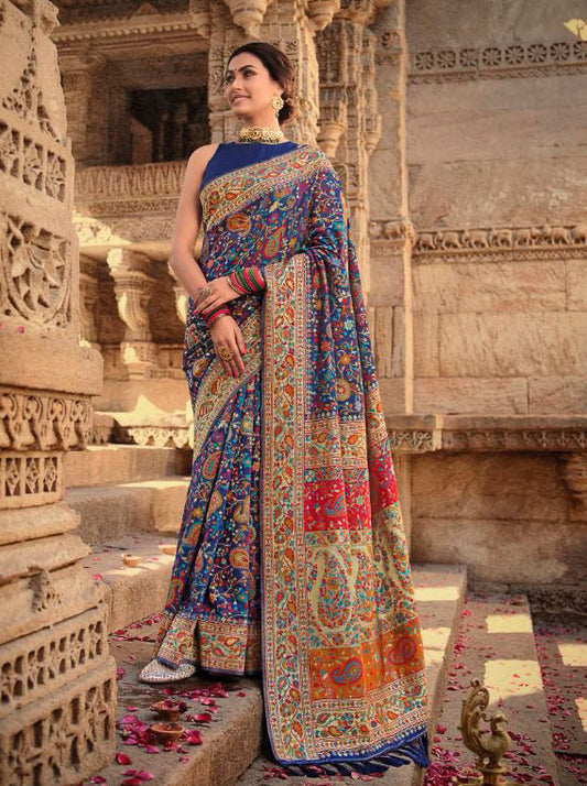 Navy Blue Kashmiri Inspired Kani Weaving Saree with Golden Paisly Border