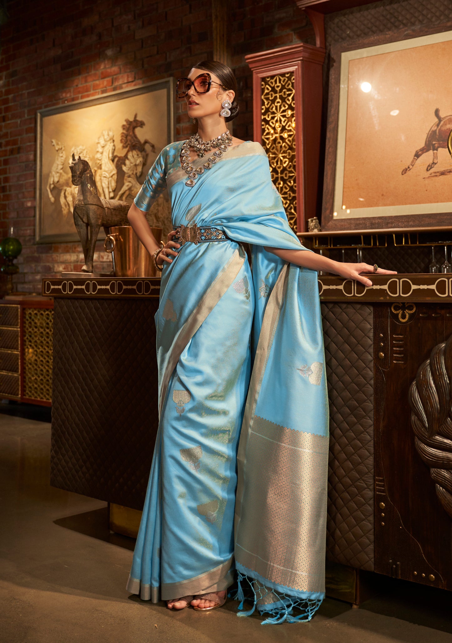 Baby Blue Designer Kanjivaram Saree With Copper Zari Pallu