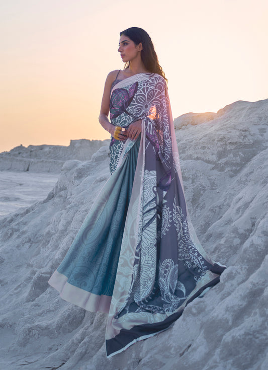 Grey Ombre Degital Designer Printed Satin Saree