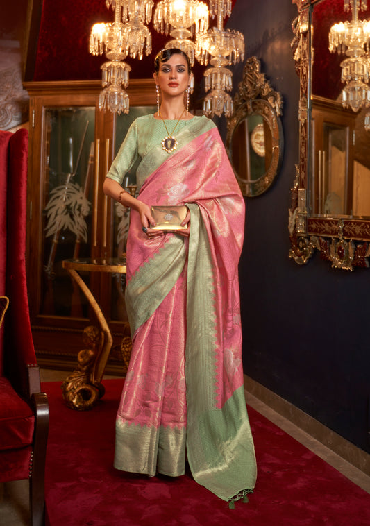 Light Pink with Mint  kanjivaram Pattu Saree for Woman