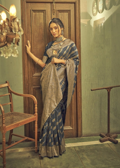Charcoal Grey Soft Banarasi Saree with Lehariya Style Zari Weaving