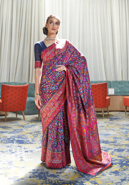 Ink Blue Kashmiri Handloom Modal Silk Woven Kani Saree for Weddings