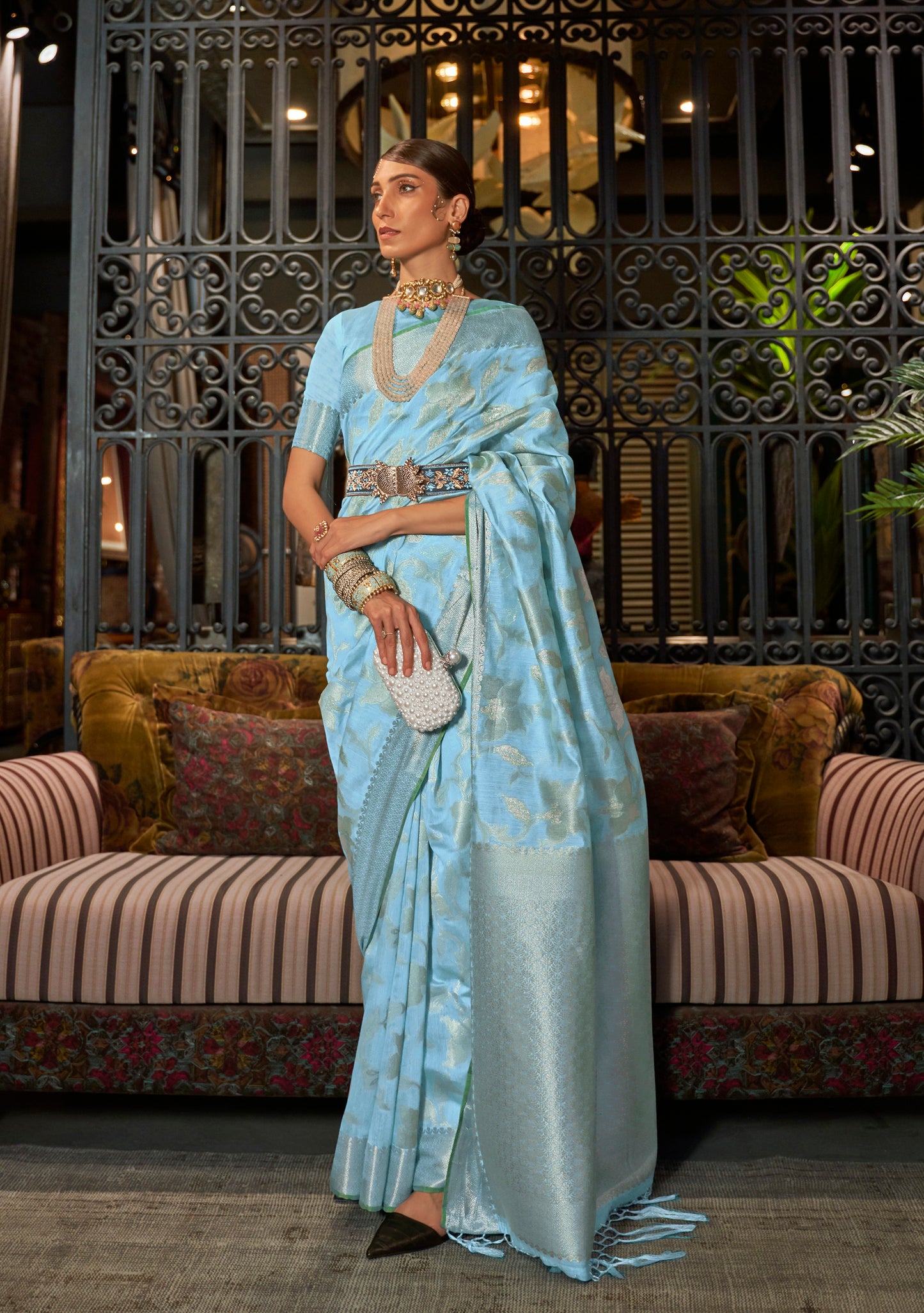 Powder Blue Woven Banarasi Jungla Jaal Soft Silk Saree