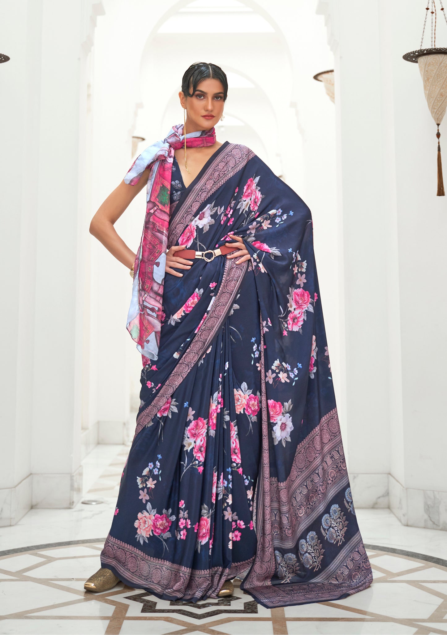 Ink Blue Floral Kalamkari Printed Saree with Blouse