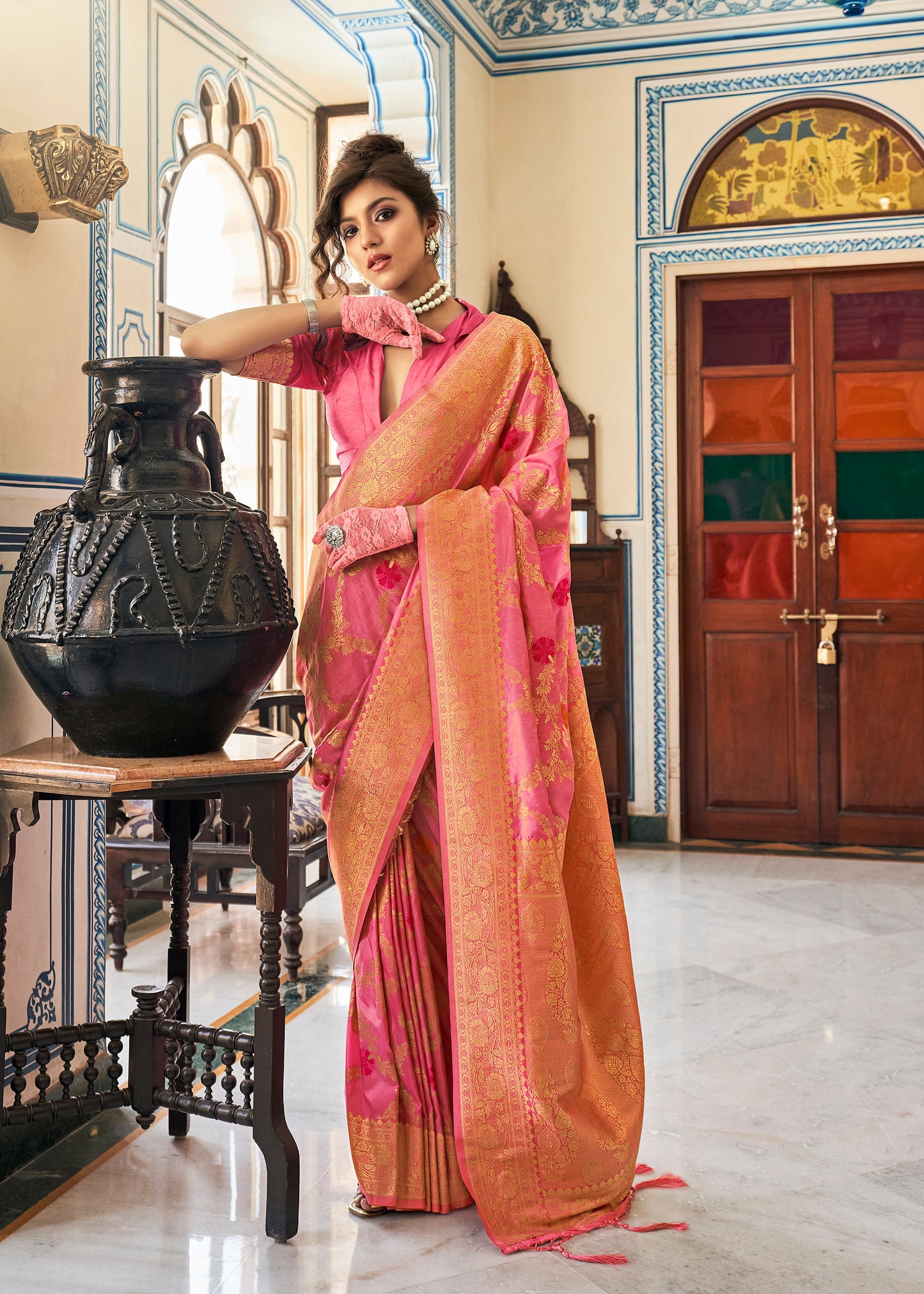 Coral Peach Banarasi Jungla Jaal Meenakari Weaving Saree for Weddings