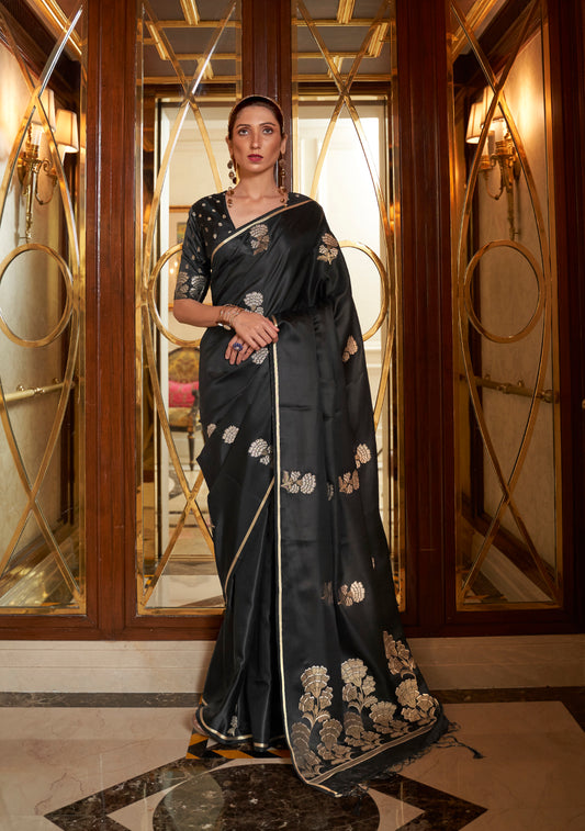 Black & Gold Pure Satin Silk Handloom Weaving Saree