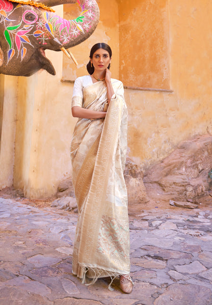 Cream White Value Added Sequence Woven Designer Kanjivaram Saree