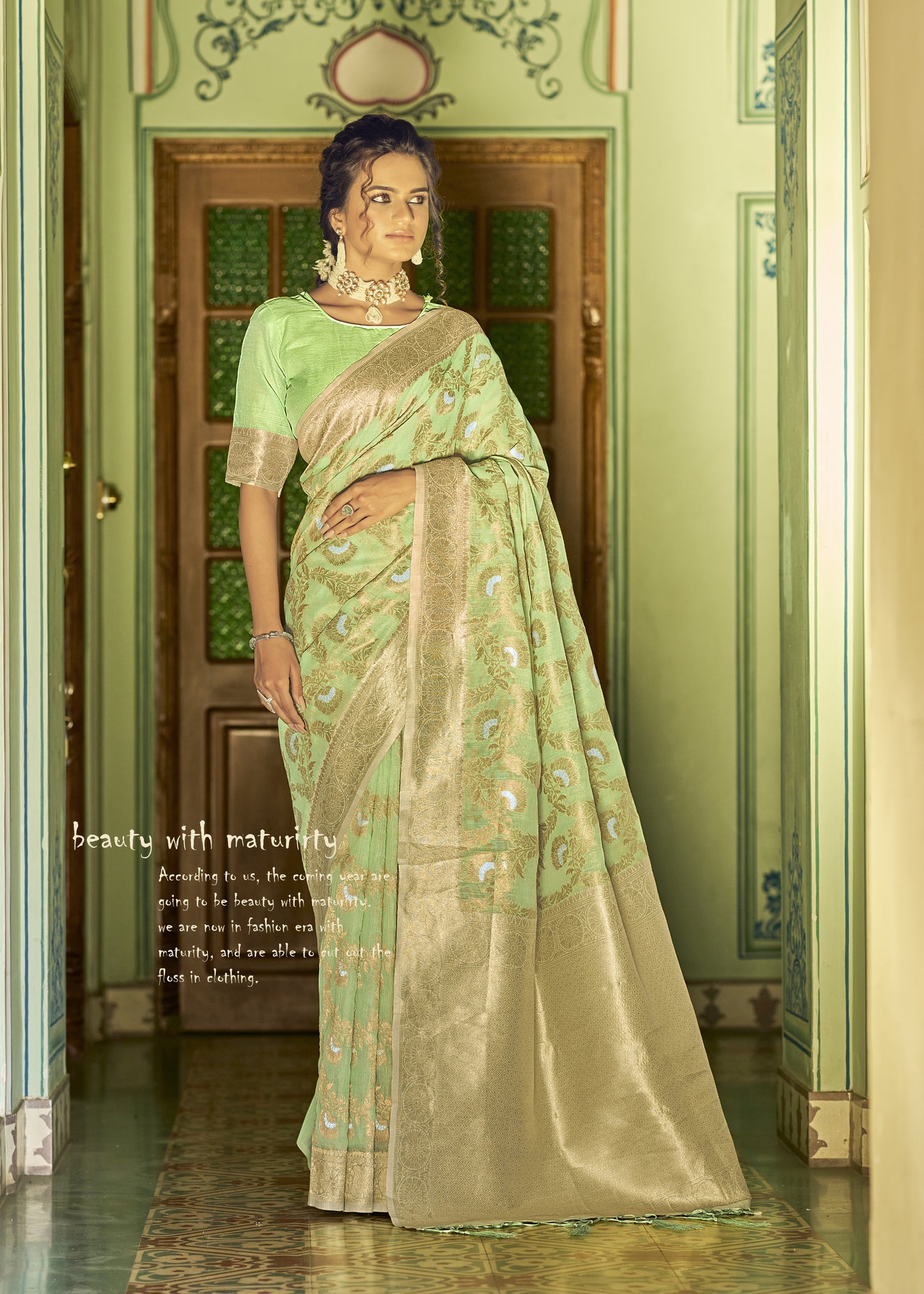 Powder Green Banarasi Jungla Jaal Zari Woven Saree for Weddings