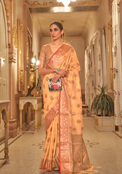 Orange with Red Soft Tussar Silk Saree with Copper Zari Butti