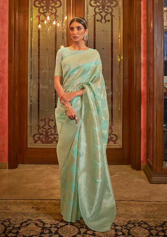 Light Aqua Soft Banarasi Zari Woven Designer Saree