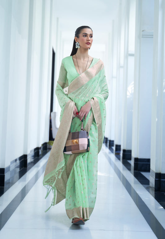 Light Mint Banarasi Linen Inspired Zari Woven Saree