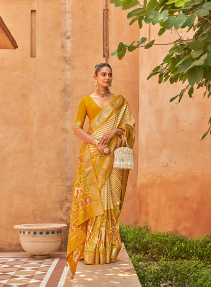 Golden Ivory Patola Silk Saree For Woman With Zari Border Patola Saree