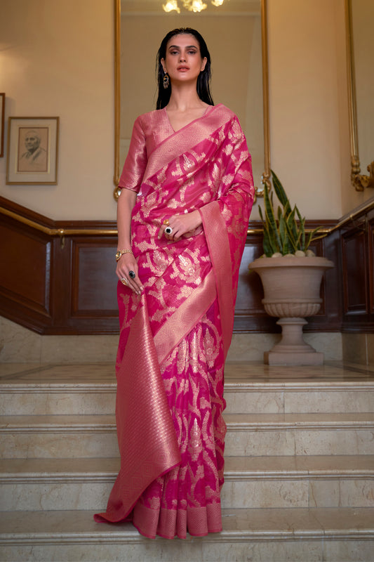 Purple Red Banarasi Organza Saree with Woven Jaal Weaving