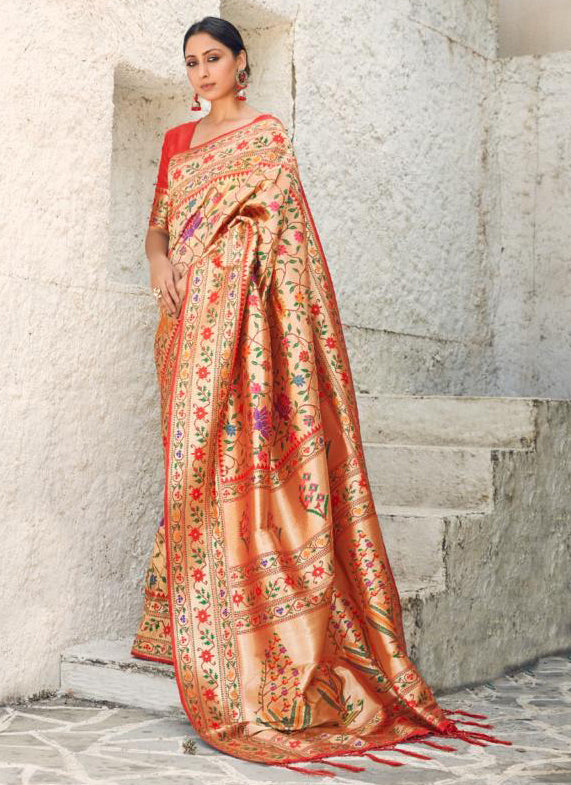 Golden Floral Designer Woven Traditional Paithani Silk Saree Blouse for Weddngs & Recepton