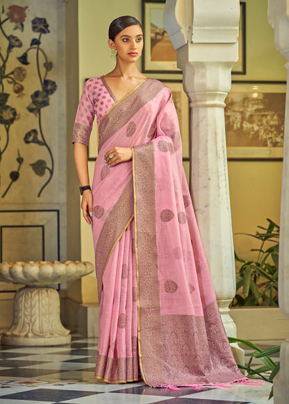 Pure Linen Designer Silk Saree In Pink