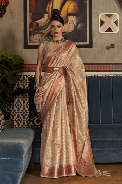 Ivory Golden Zari Woven Soft Banarasi Organza Saree