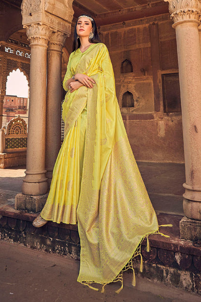 Lemon Yellow Woven Banarasi Skirt Border Saree with Zari Weaving