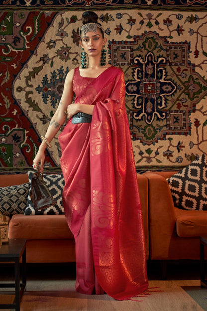 Rose Red Copper Zari Woven Soft Silk Saree