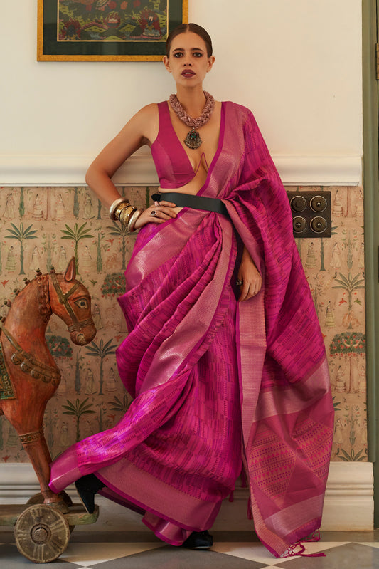 Magenta Pink Tussar Woven Designer Silk Saree for Weddings