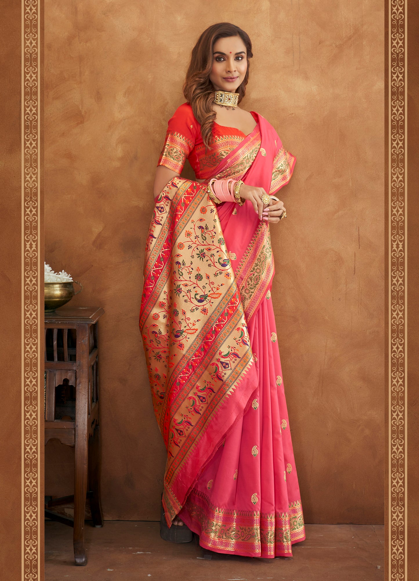 Serene Peach Woven Paithani Soft Silk Saree for Weddings