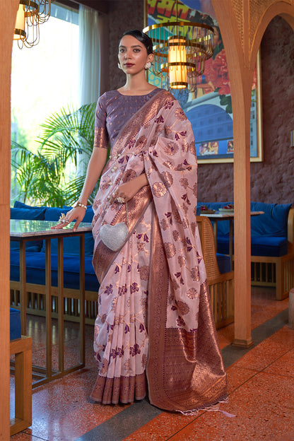 African Purple Copper Zari Woven Floral Soft Organza Saree