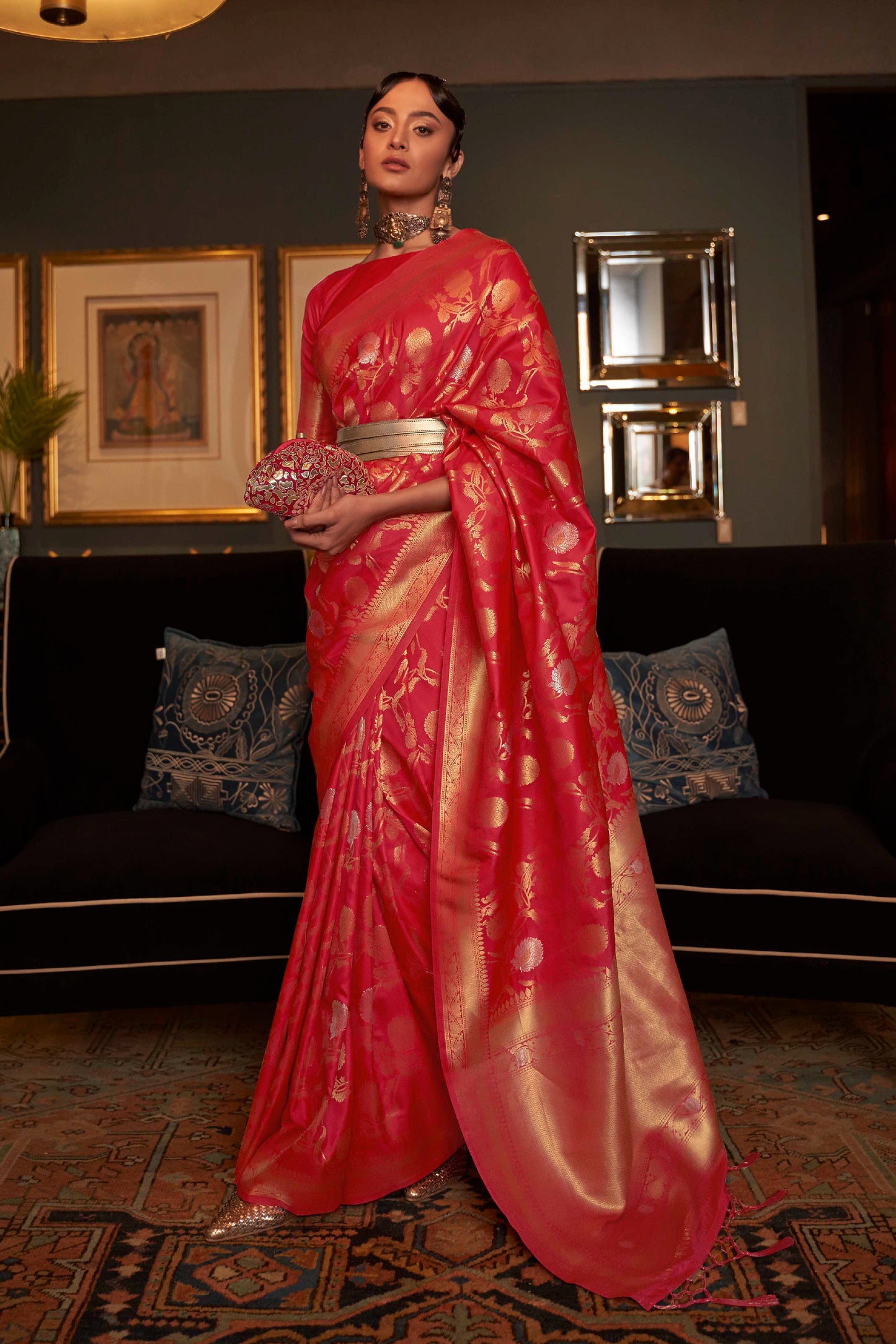 Bright Red Woven Banarasi Jungla Jaal Soft Silk Saree