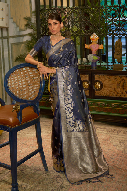 Space Blue Floral Banarasi Silk Saree with Designer Blouse for Women