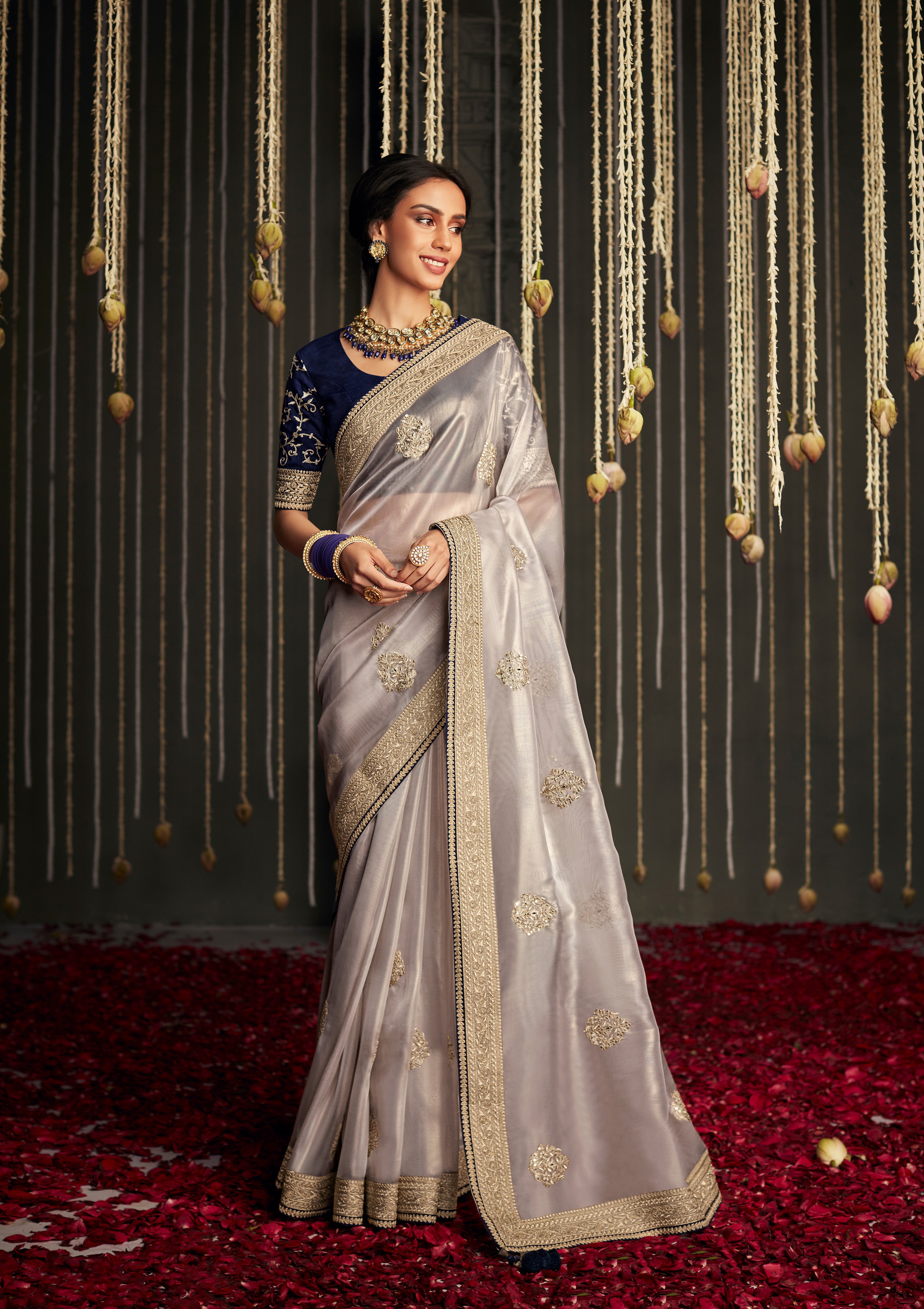 Melodic Grey Silk Saree with Maroon Blouse