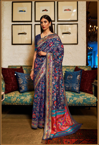 Royal Blue Multi Colored Kashmiri Silk Saree for Wedding Reception & Festivals