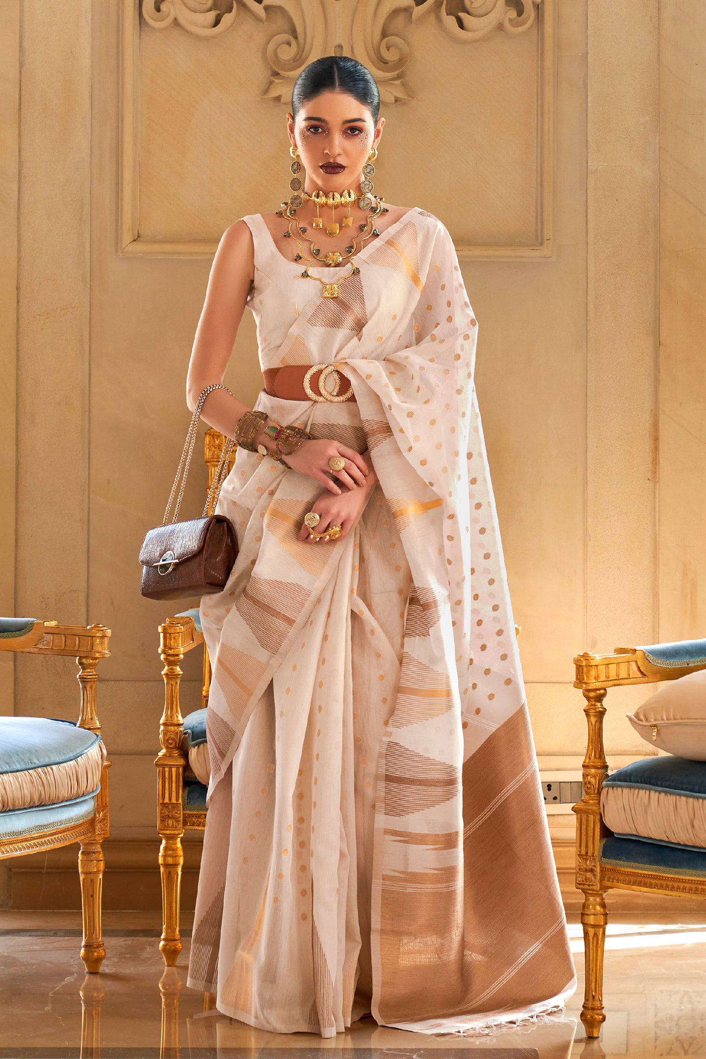 Pearl White Temple Bordered Designer Soft Tissue Saree for Weddings