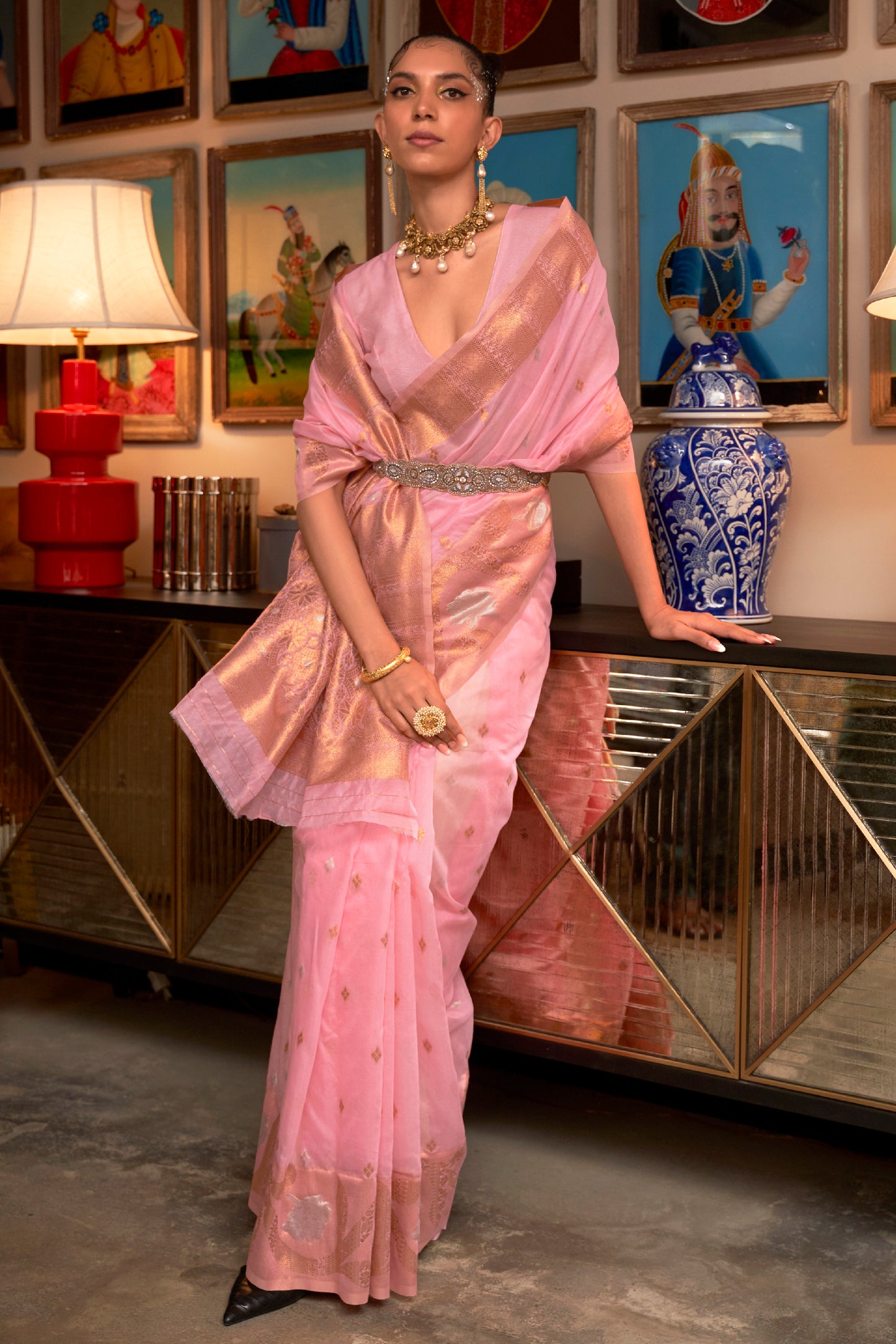 Powder Pink Copper Zari Woven Designer Banarasi Organza Saree