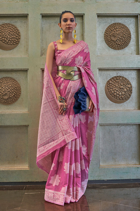 French Pink Lucknowi Chikenkari Threadwork Saree with Beautiful Blouse