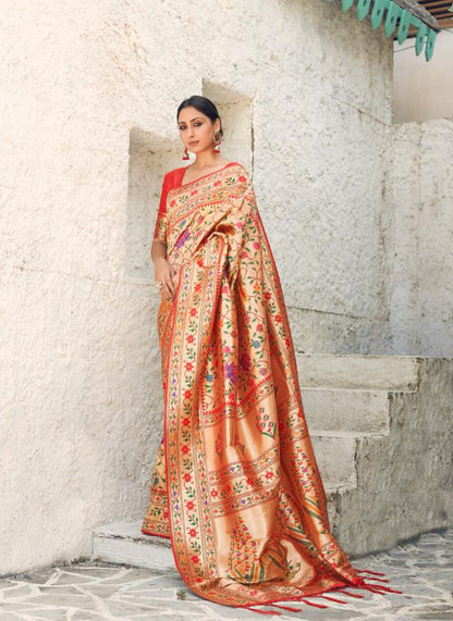 Golden Floral Designer Woven Traditional Paithani Silk Saree Blouse for Weddngs & Recepton