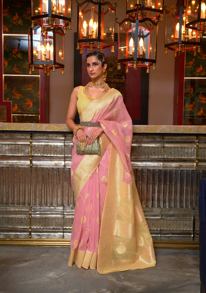 Pink & Yellow Woven Linen Silk Saree