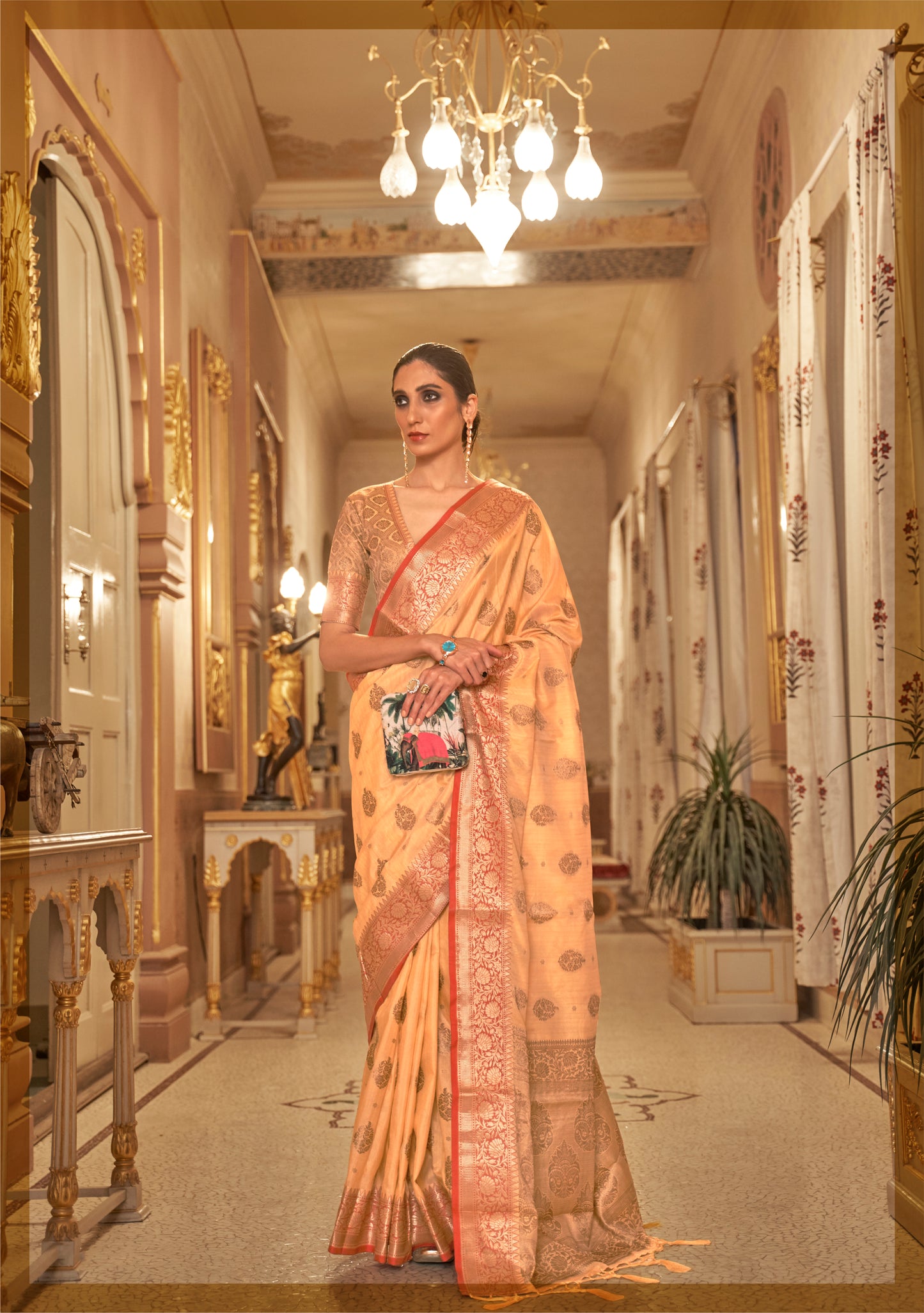 Orange with Red Soft Tussar Silk Saree with Copper Zari Butti