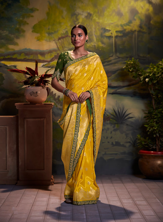 Bright Yellow Woven Banarasi Designer Saree with Henna Green Blouse