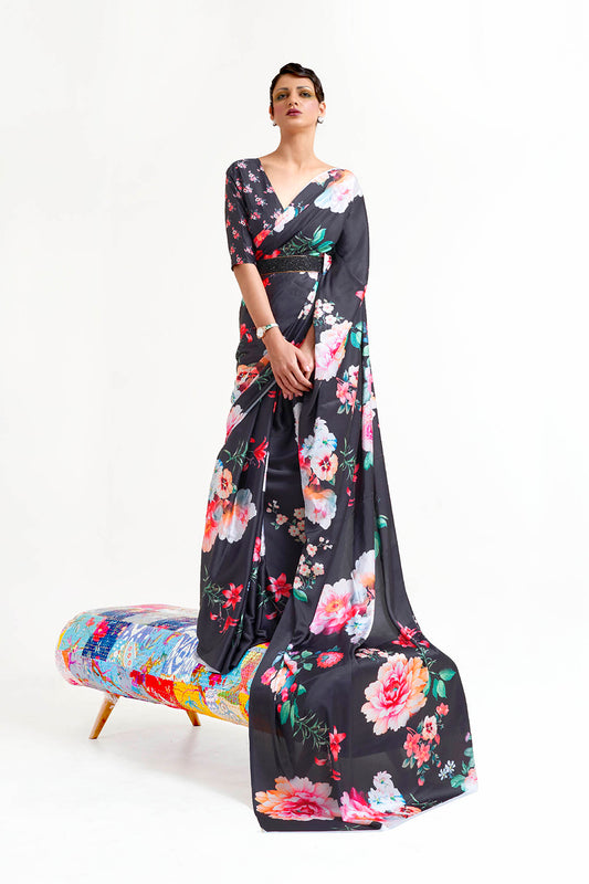 Black  Designer Pure Satin Silk Saree with Blouse
