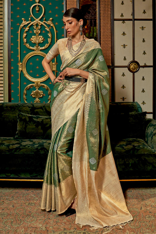 Camo Green Soft Zari Woven Kanjivaram Saree for Weddings and Festivals