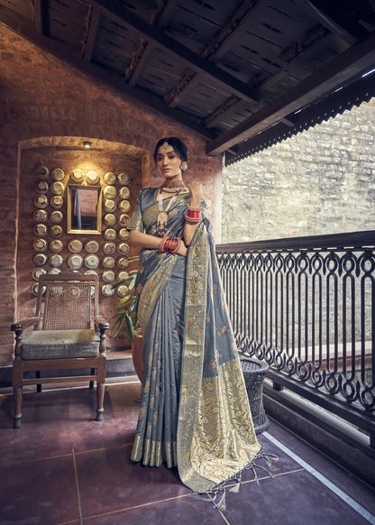 Silver Grey Banarasi Kaduwa Dual Zari Woven Saree for Weddings