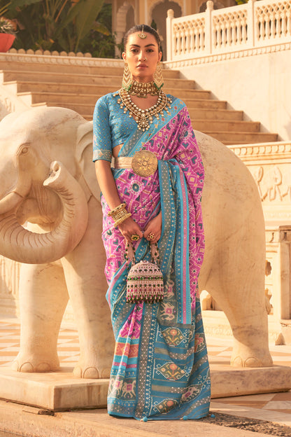 Bubble Pink Woven Patola Designer Saree with Elephant Border