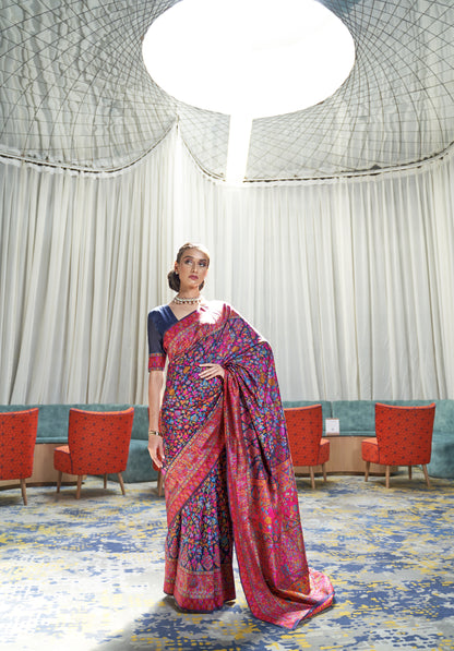 Ink Blue Kashmiri Handloom Modal Silk Woven Kani Saree for Weddings
