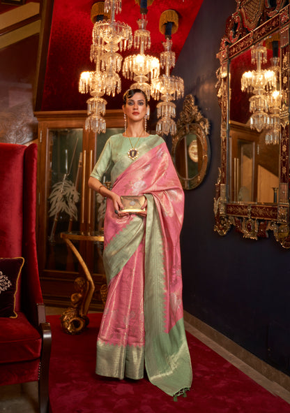 Light Pink with Mint  kanjivaram Pattu Saree for Woman