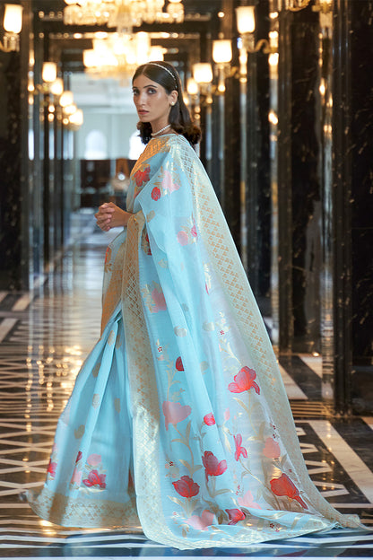 Baby Blue  Zari Woven Floral Pallu Linen Saree.