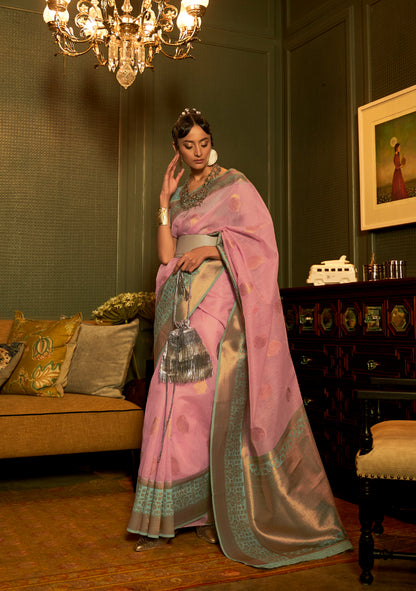 Rose Pink & Green Woven Linen Silk Saree