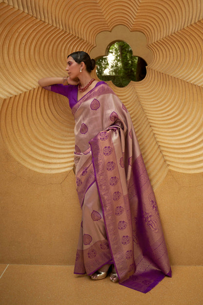 Midnight Purple and Copper Designer Kanjivaram Silk Saree with Antique Finish