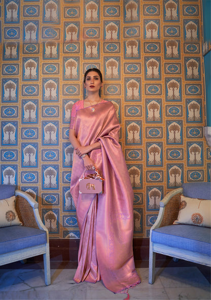 Pale Pink Kanjivaram Silk Saree with Antique Finish & Glossy Texture