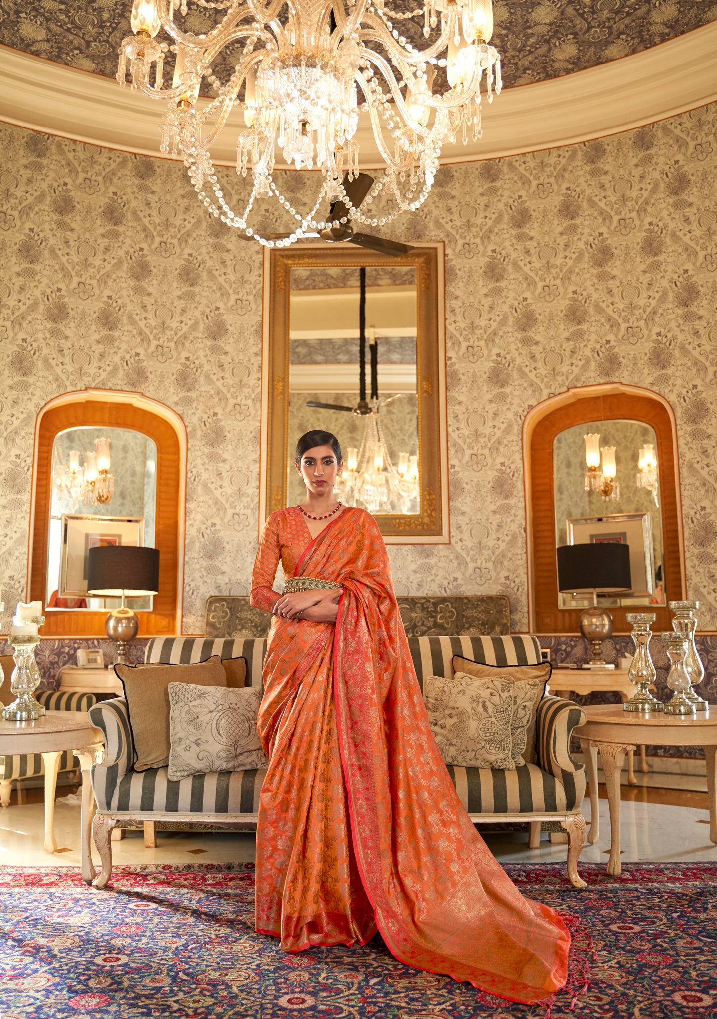 Pumpkin Orange and Golden Banarasi Weaving Silk Saree for Wedding Reception